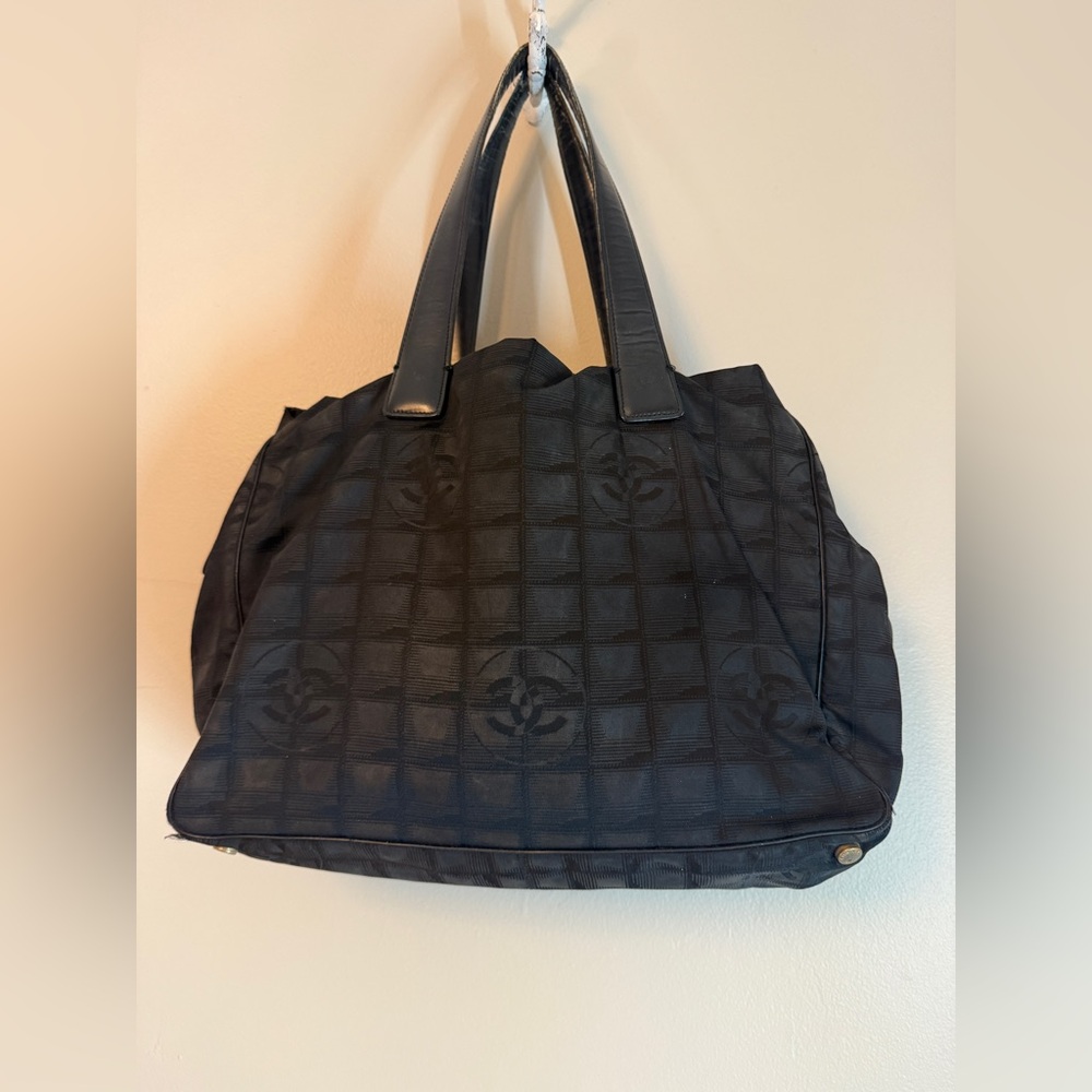 CHANEL Travel Line Tote Bag Nylon Black Gold CC Authentic
